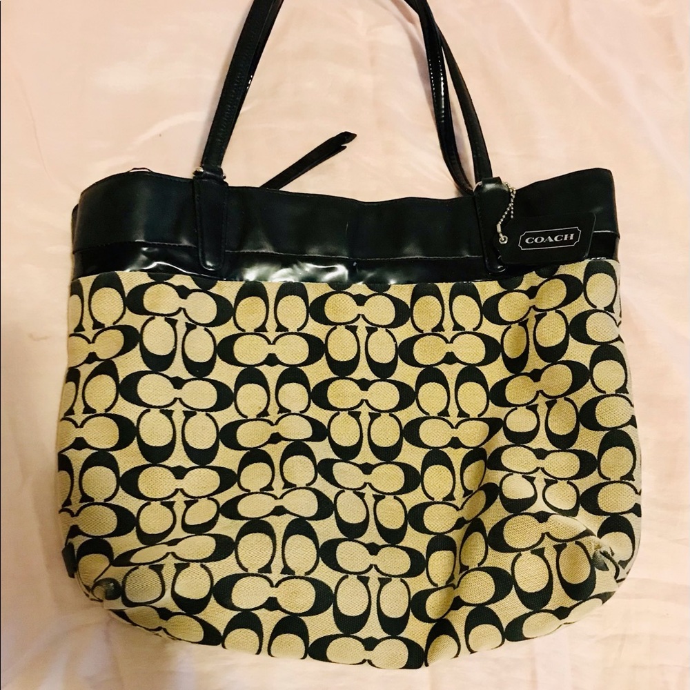 COACH large shoulder bag black monogram on tan fabric with leather trim